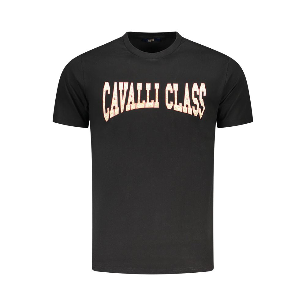 Cavalli Class black cotton men's t-shirt with bold print and logo, offering luxury and comfort for fashion-forward individuals.