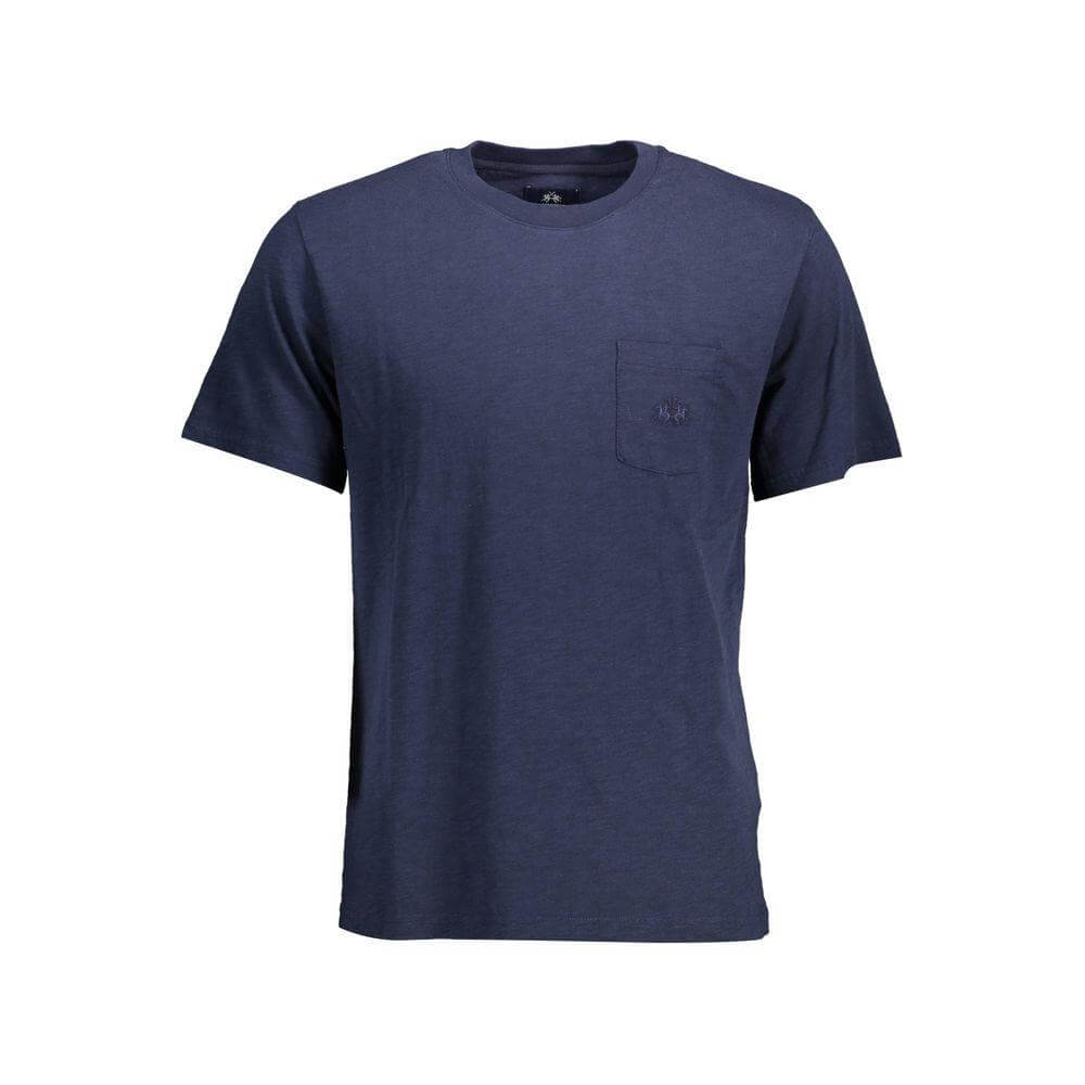 La Martina blue cotton men's t-shirt, short-sleeved with round neck and embroidered pocket logo, perfect for summer style and comfort.