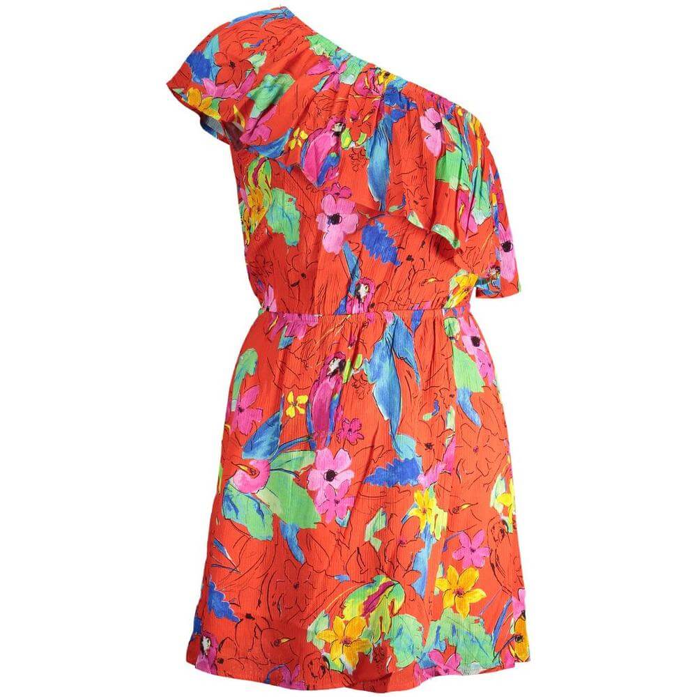 Desigual red viscose one-shoulder floral dress for women with elastic waist and colorful design, featuring the brand logo.