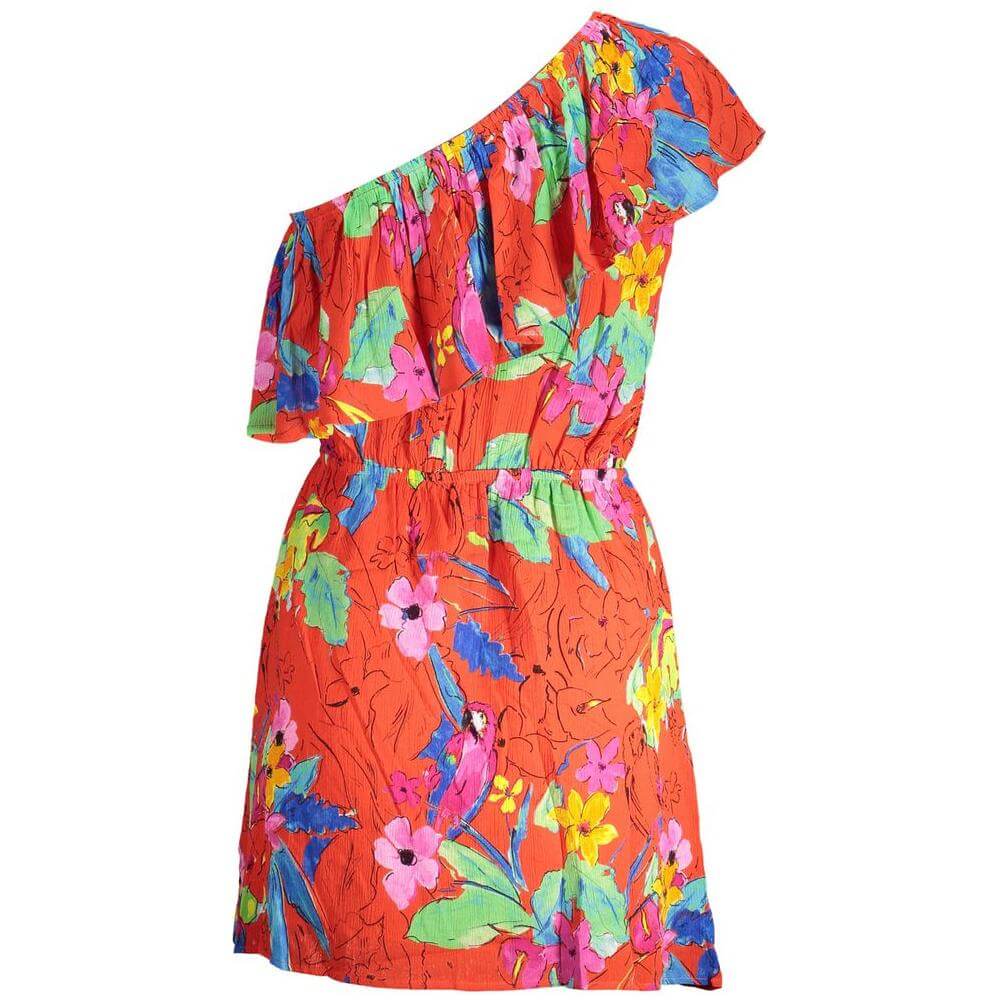 Desigual red viscose one-shoulder dress with floral print and elastic waist, bold fashion style