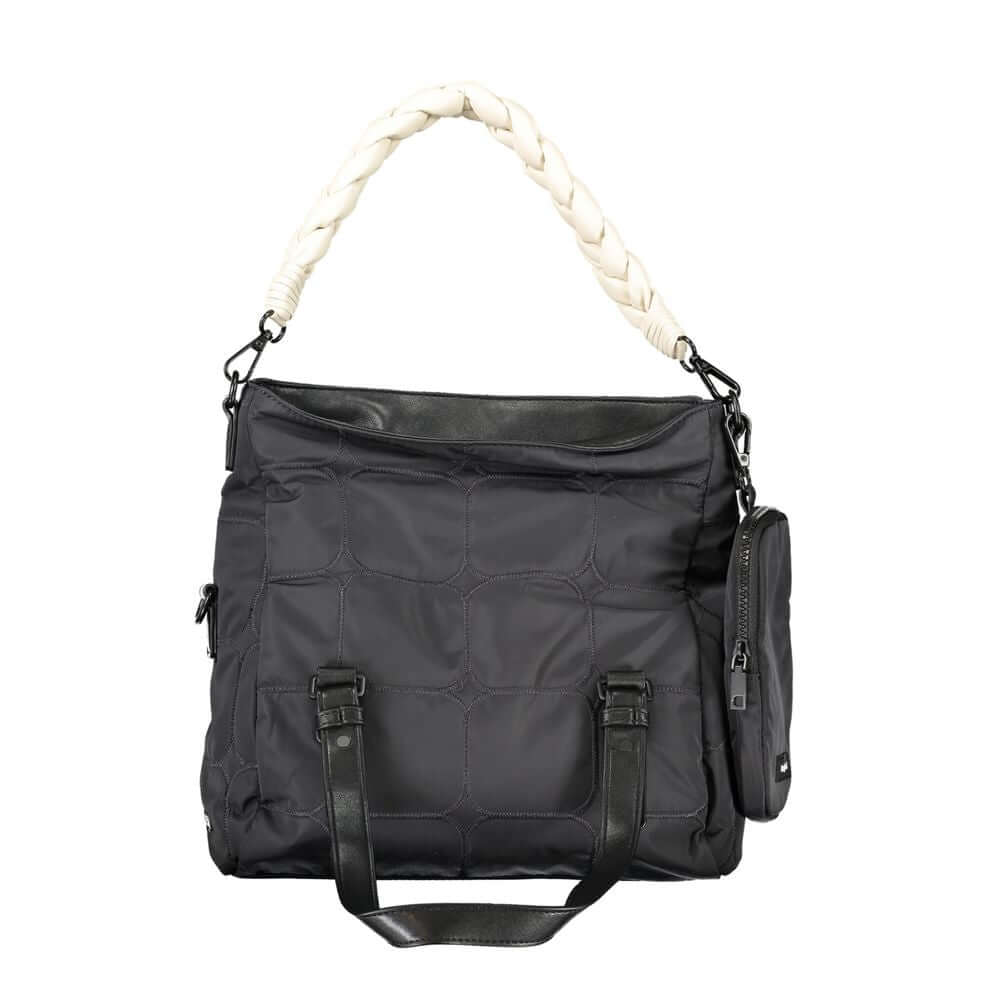 Desigual black handbag with two handles, removable shoulder strap, external pocket, and detachable clutch.