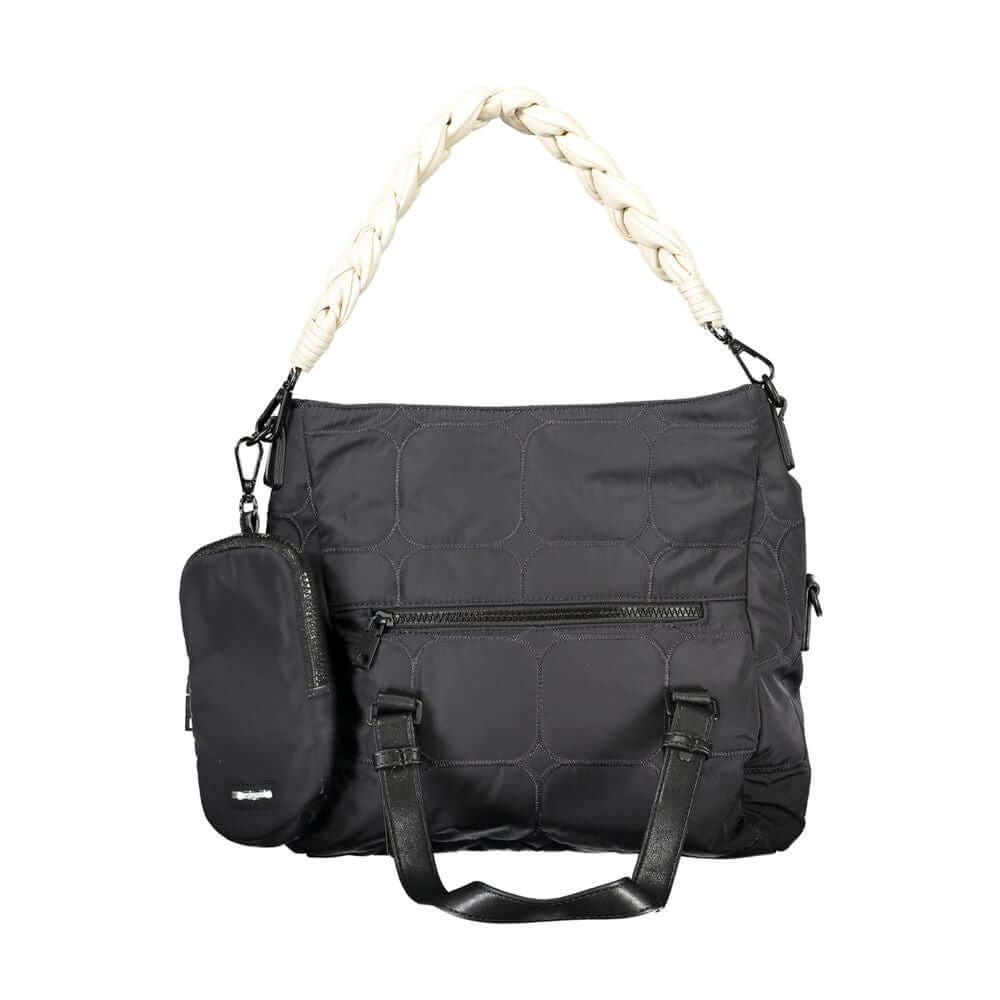 Desigual black polyester handbag with braided handles, removable clutch, and zip closure.