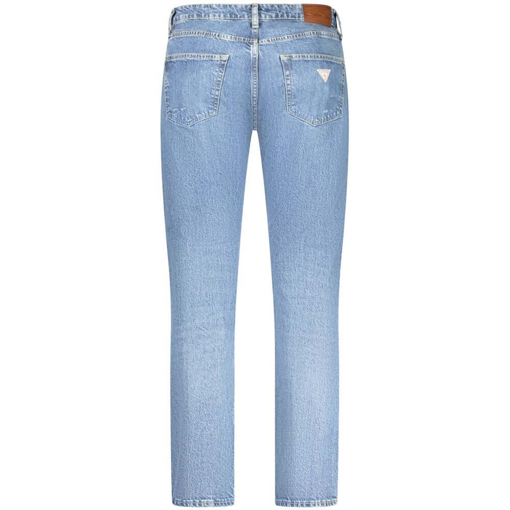 Back view of Guess Jeans blue cotton men's jeans with logo, showcasing classic 5-pocket design and refined washed effect.