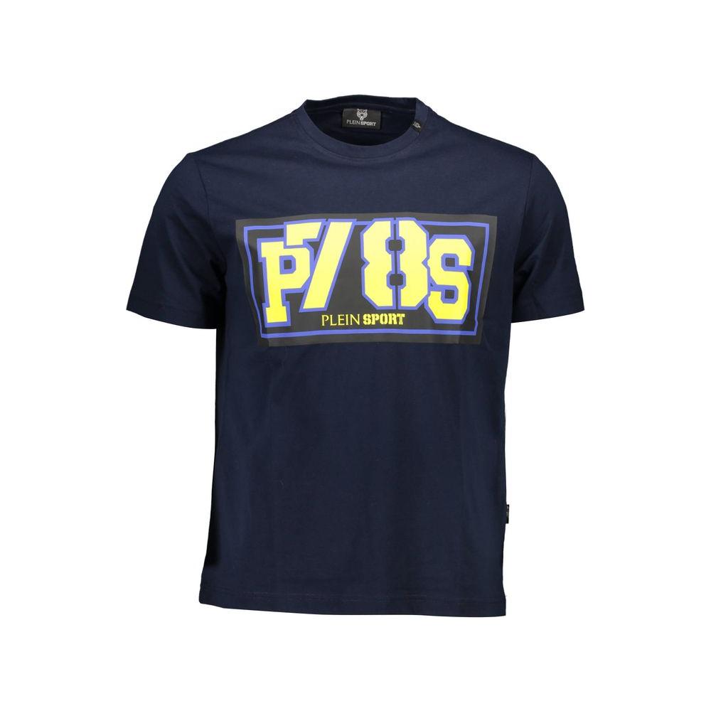 Plein Sport blue cotton men’s t-shirt with bold logo and contrasting details, showcasing athletic and trendy design.
