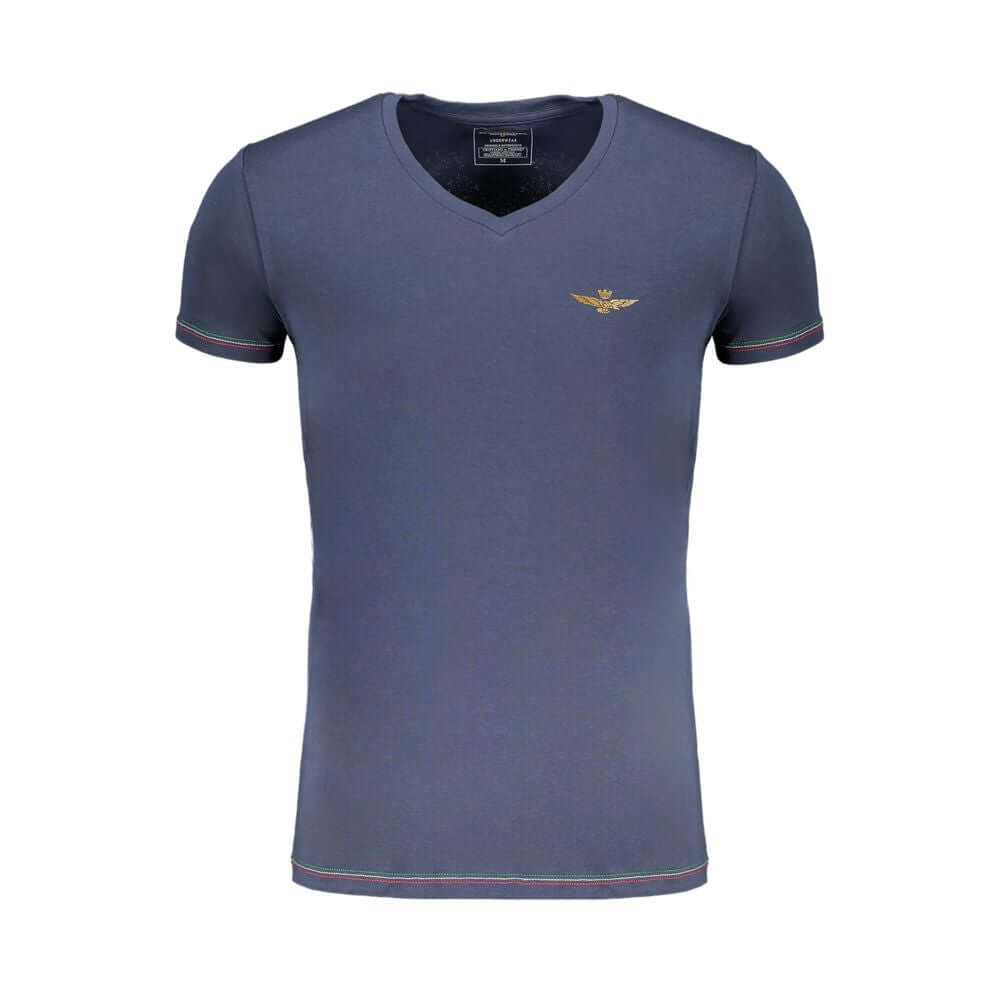 Aeronautica Militare blue cotton t-shirt with V-neck, short sleeves, contrast details, and logo print.