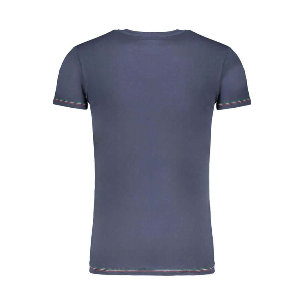Aeronautica Militare blue cotton T-shirt, short sleeves, V-neck, contrast details, back view showcasing unique design.