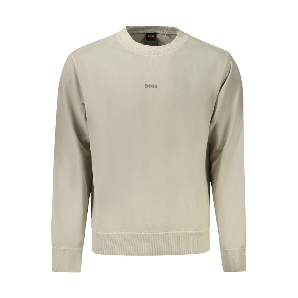 Hugo Boss beige cotton men's sweater with long sleeves, crew neck, and logo print, made from 100% cotton for comfort and style.