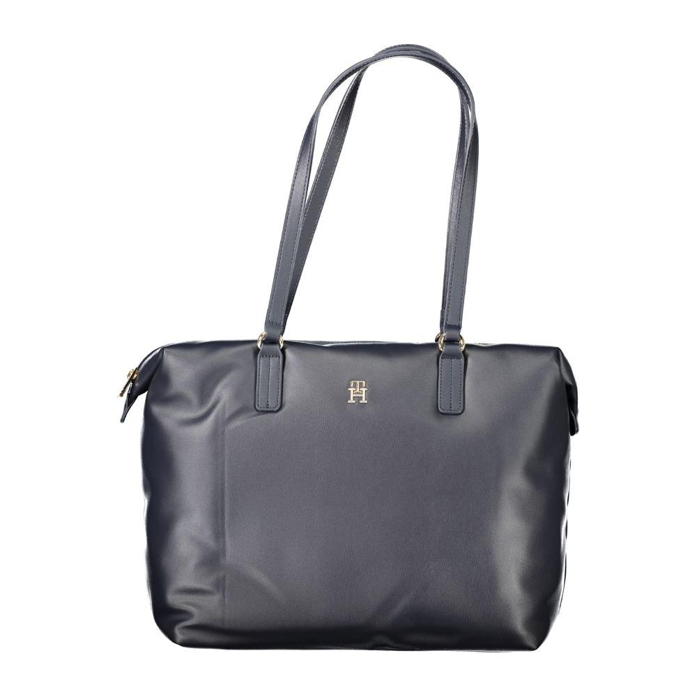 Tommy Hilfiger blue polyester shoulder bag with twin handles and iconic logo, crafted for style and sustainability.
