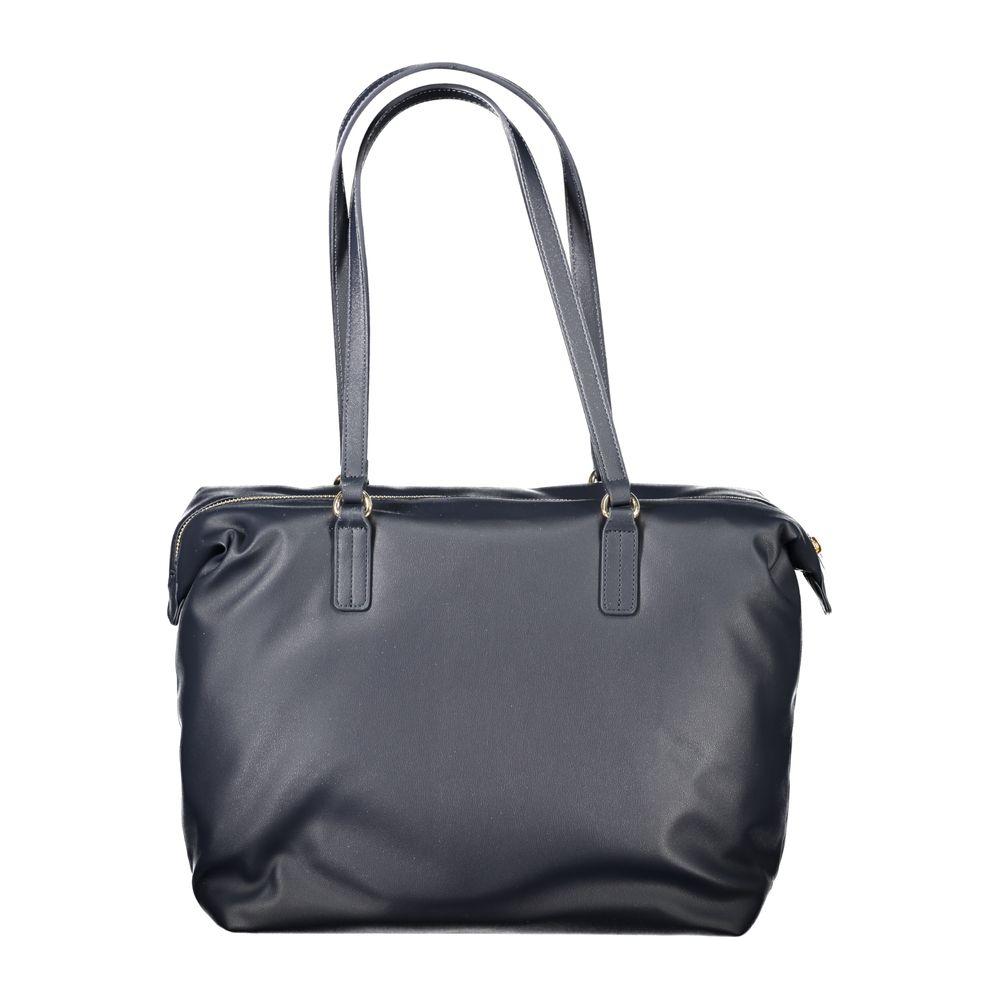 Tommy Hilfiger blue polyester women handbag with twin handles, secure zip closure, and designer logo, eco-friendly material.