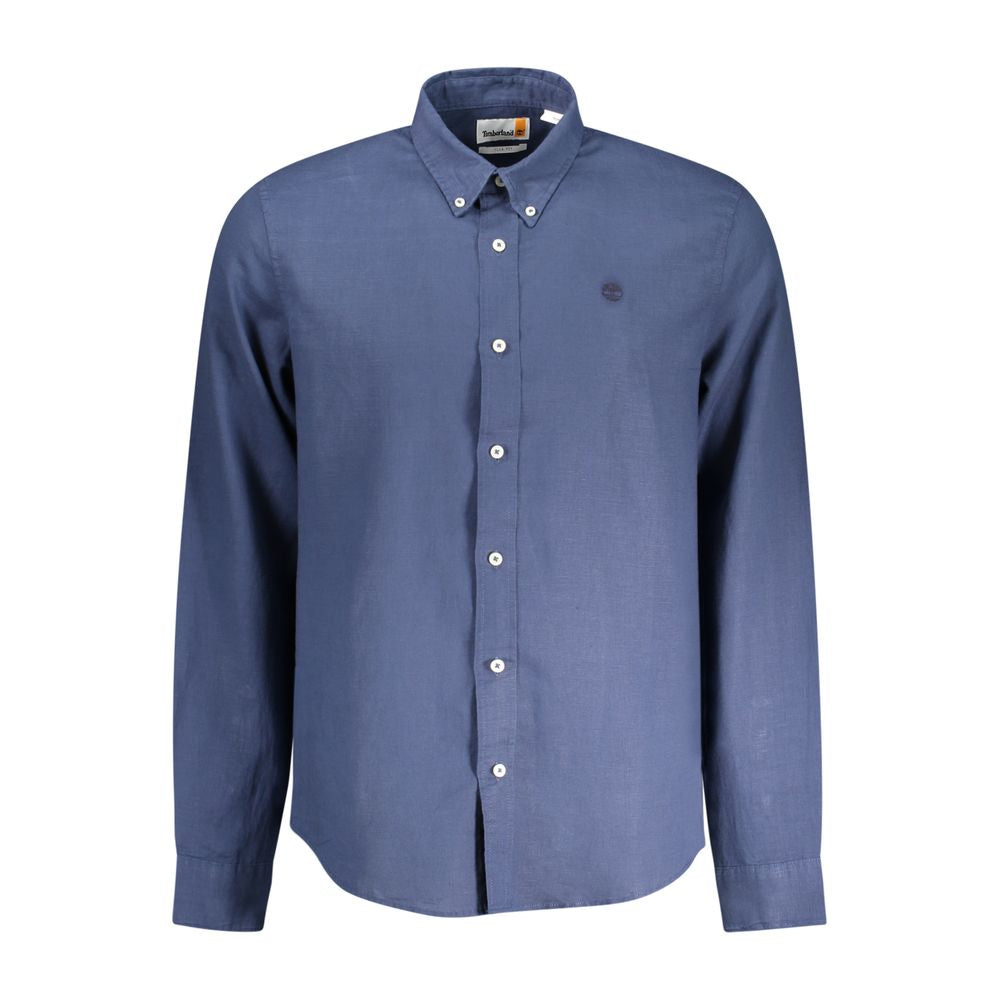 Timberland blue cotton shirt, long-sleeved, slim fit, button-down collar, 1 button cuffs, with embroidery and logo.