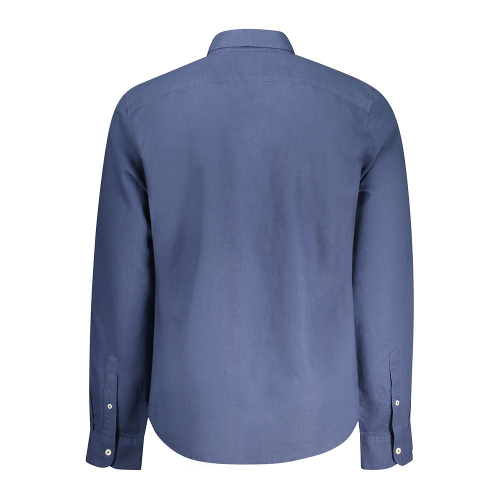 Back view of Timberland blue cotton shirt, long-sleeved with slim fit, button-down collar, and embroidered logo.