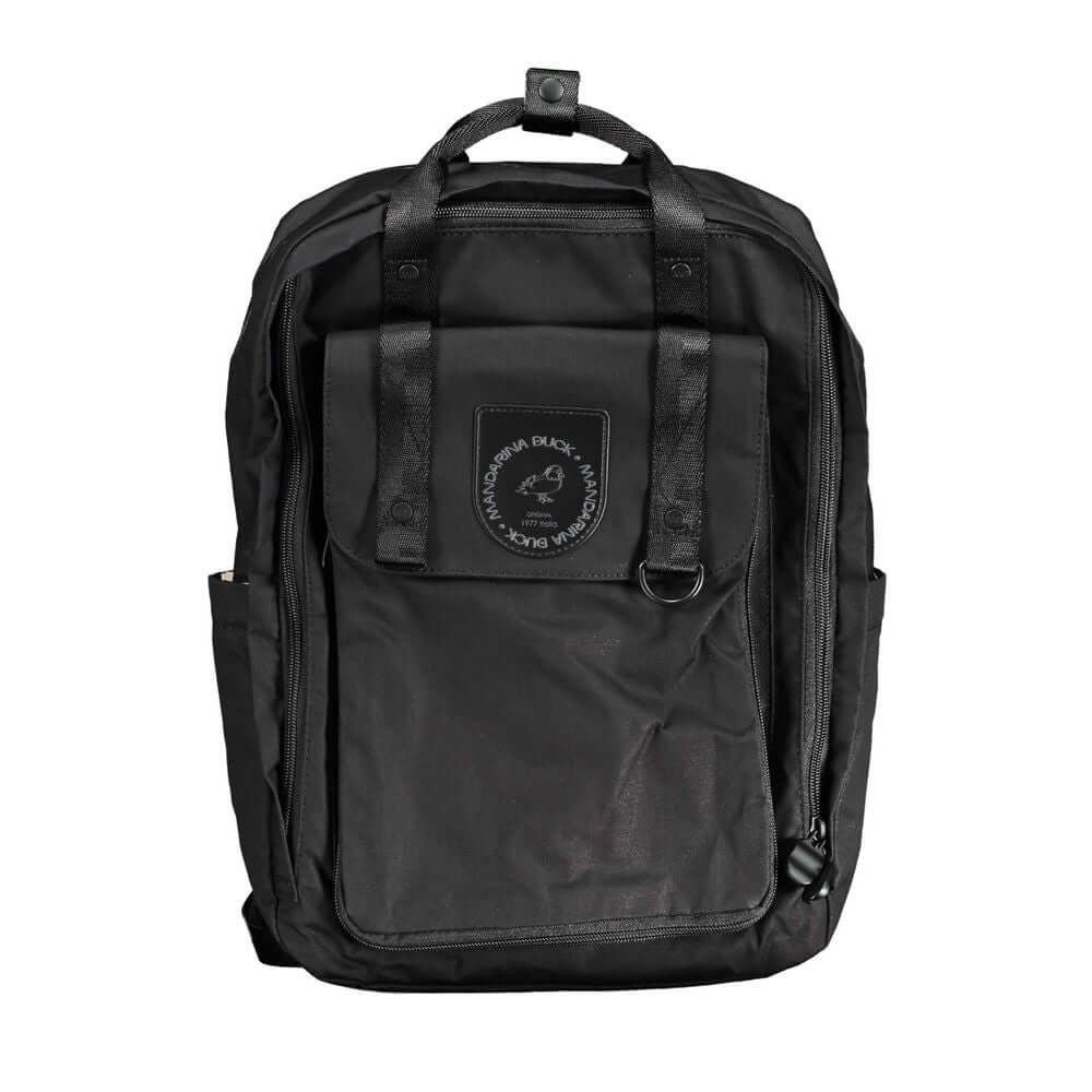 Mandarina Duck black cotton backpack with two handles, adjustable straps, internal compartment, external pockets, and logo patch.