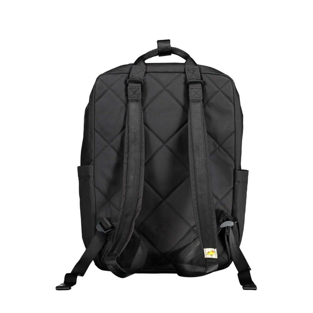 Back view of Mandarina Duck black cotton backpack with adjustable straps, showing quilted design and brand logo on the bottom.
