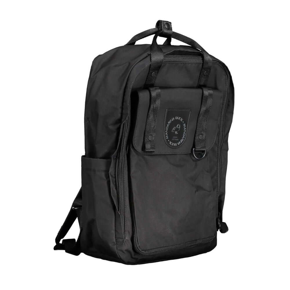 Mandarina Duck black cotton backpack with two handles, adjustable straps, internal compartment, and external pockets.