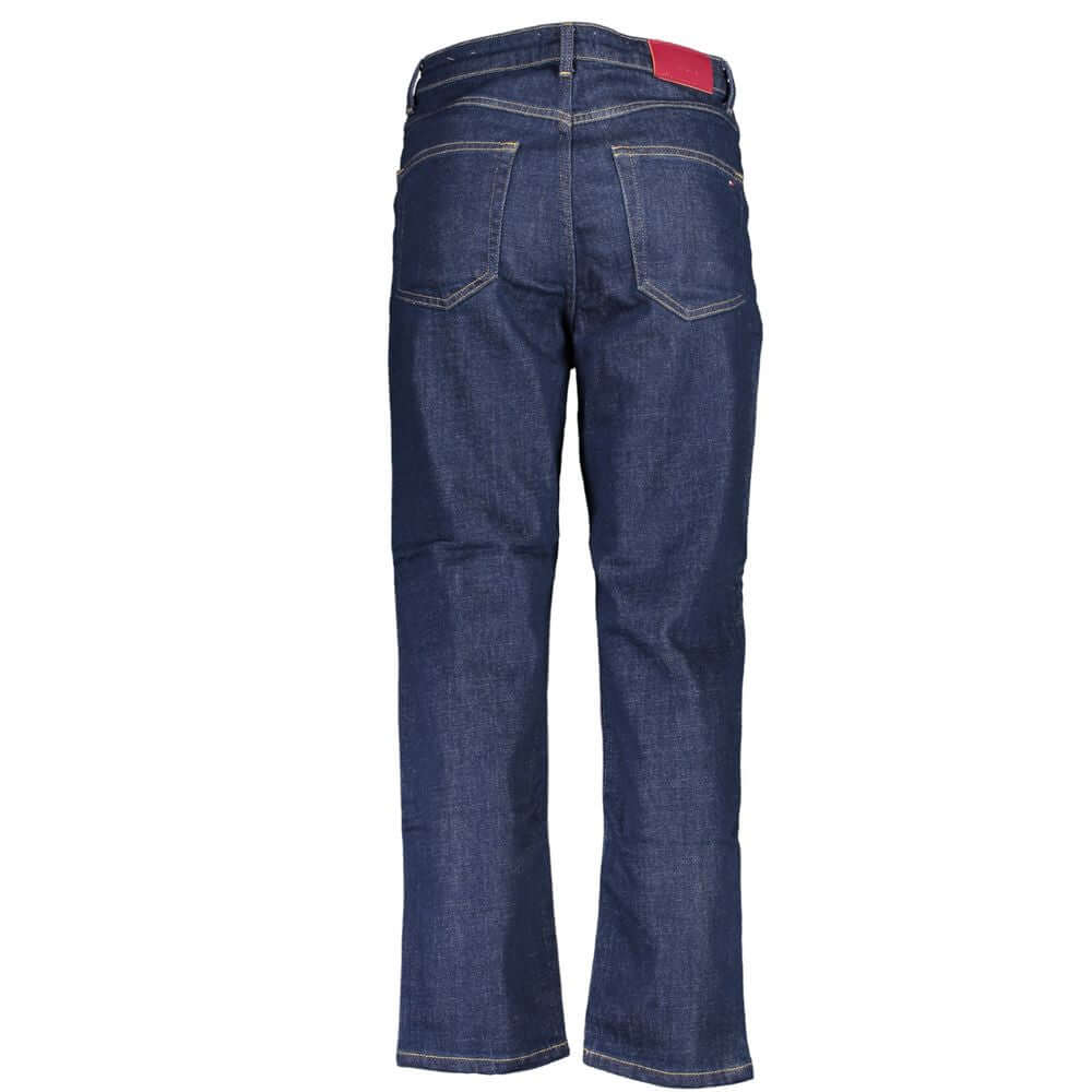 Back view of Tommy Hilfiger blue cotton jeans with classic straight fit and logo patch, made of 20% recycled cotton.
