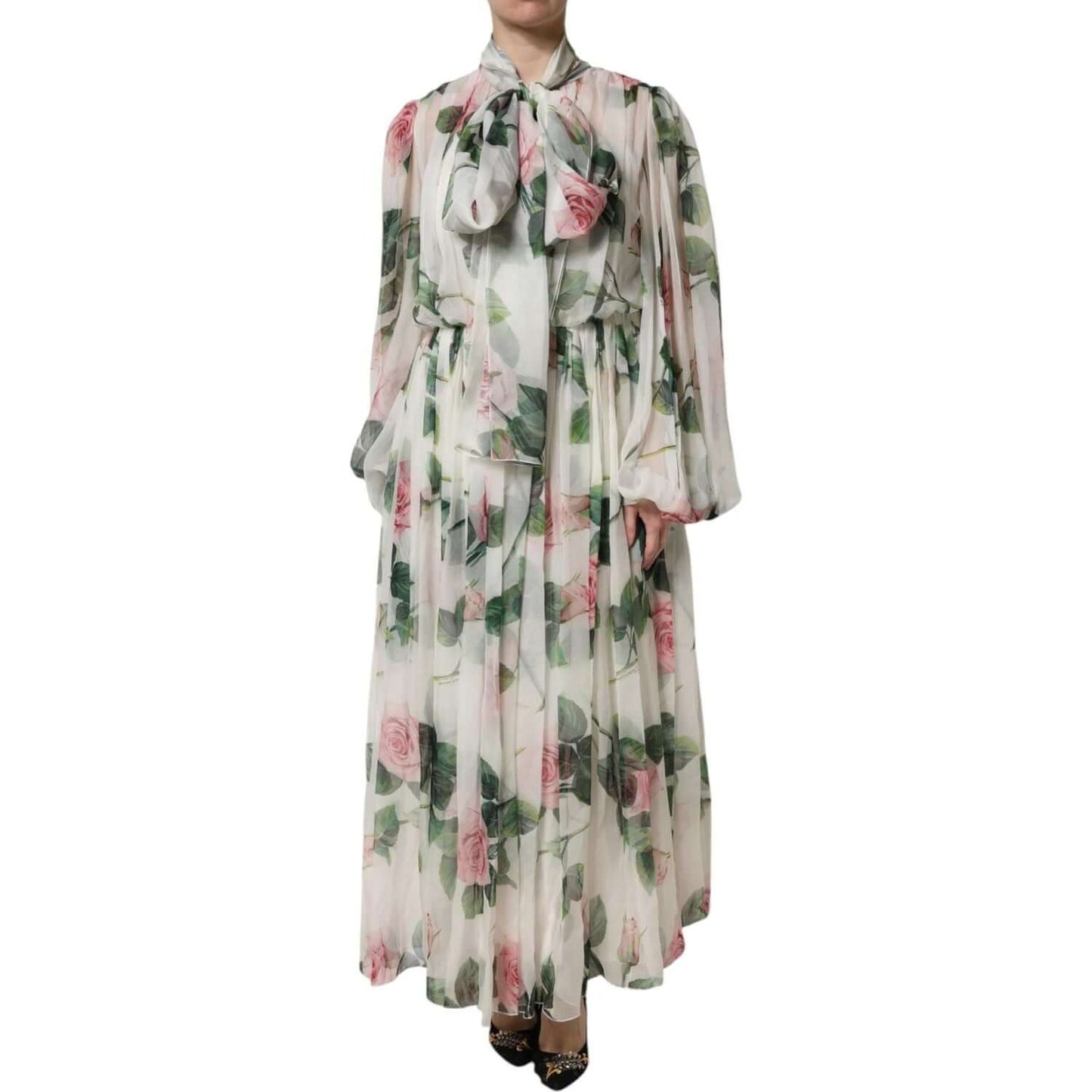 Dolce & Gabbana white floral roses silk maxi dress with elastic sleeves and ribbon neckline.