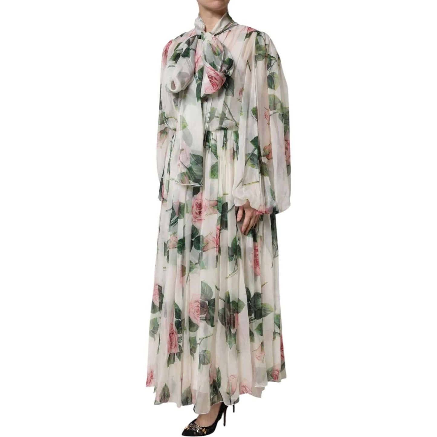 Dolce & Gabbana white floral maxi dress with pink roses print, featuring silk material and elegant floor-length design.