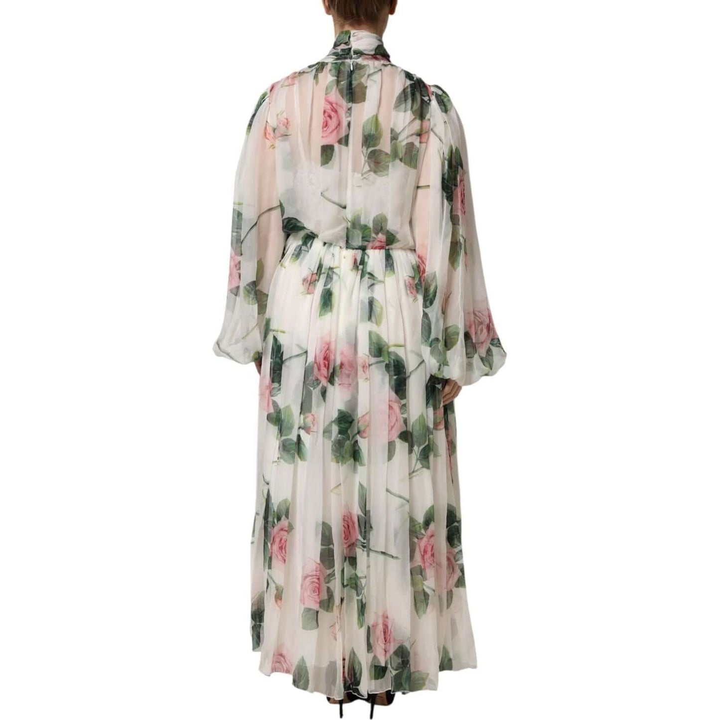 Back view of Dolce & Gabbana white floral roses maxi long gown dress with elastic sleeves and pink rose print, made of 100% silk.