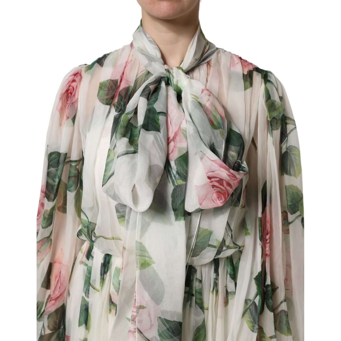 Dolce & Gabbana white floral roses maxi gown with bow neck detail, 100% silk, featuring pink roses print and sheer long sleeves.