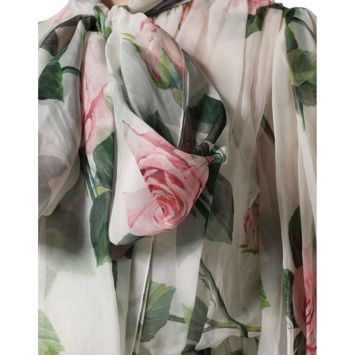 Dolce & Gabbana floral maxi gown with pink roses print, featuring silk fabric and elegant design.