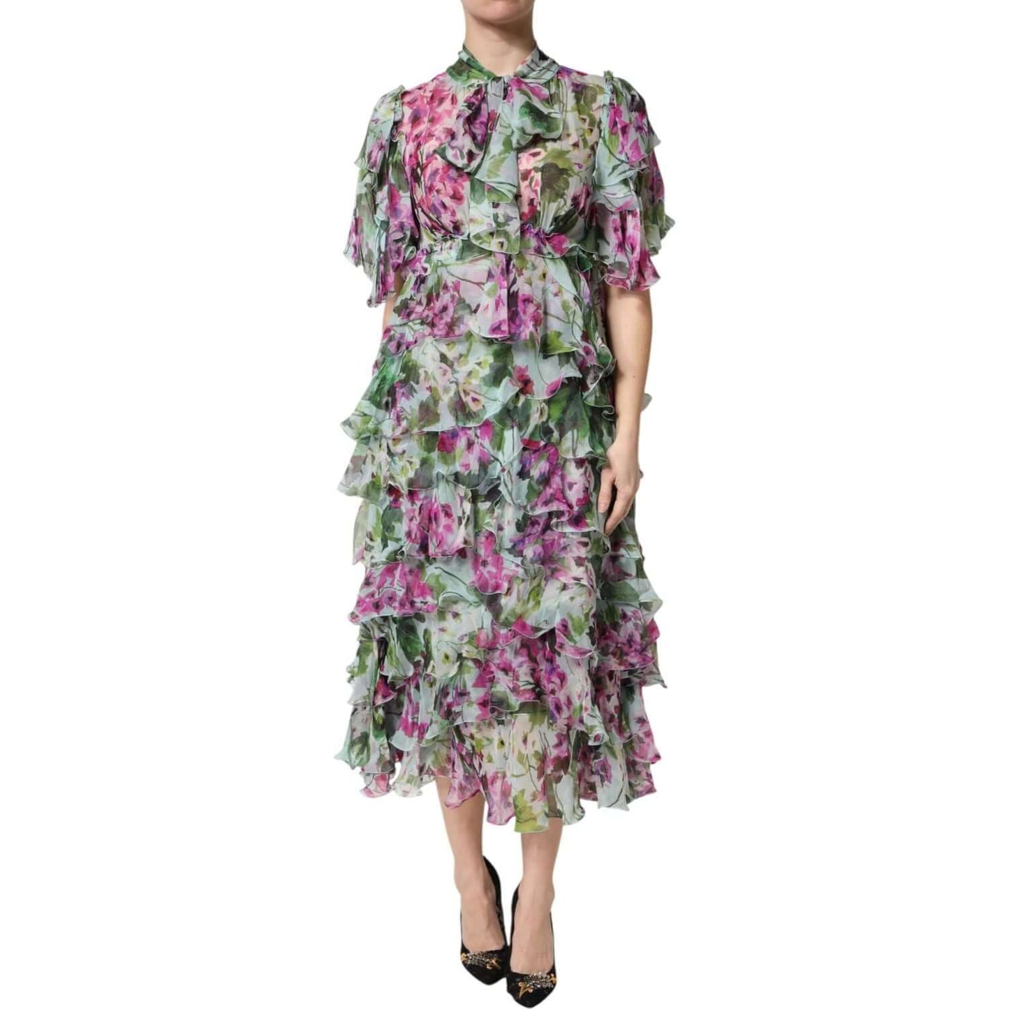 Dolce & Gabbana multicolor floral silk midi dress with layered design and zipper closure, exclusive Italian craftsmanship.