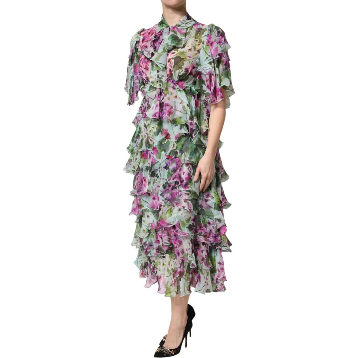 Dolce & Gabbana multicolor floral silk midi dress with layered design, zipper closure, and logo details, made in Italy.