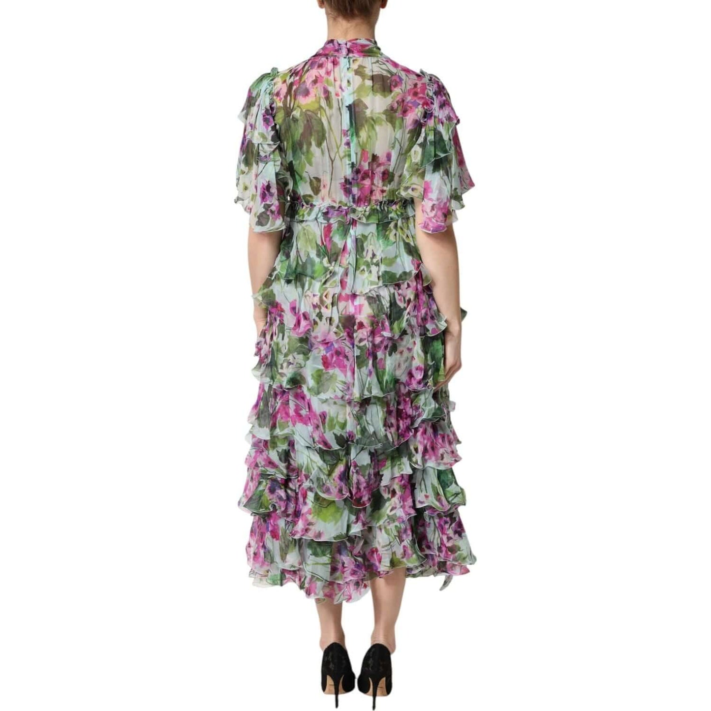 Back view of multicolor floral Dolce & Gabbana silk midi dress with layered ruffles and zipper closure, made in Italy.