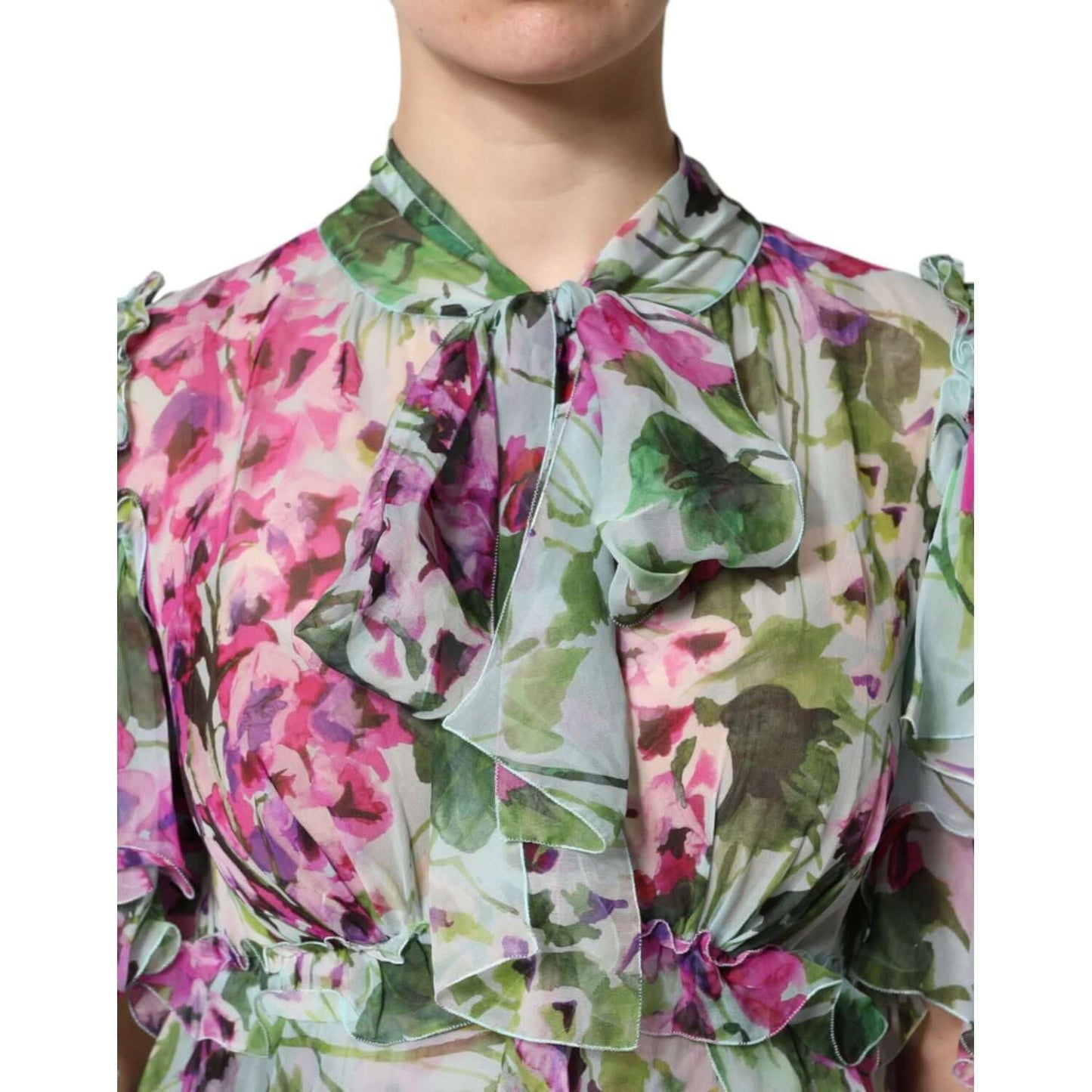 Dolce & Gabbana multicolor floral silk midi layered dress with bow detail, luxury Italian fashion.