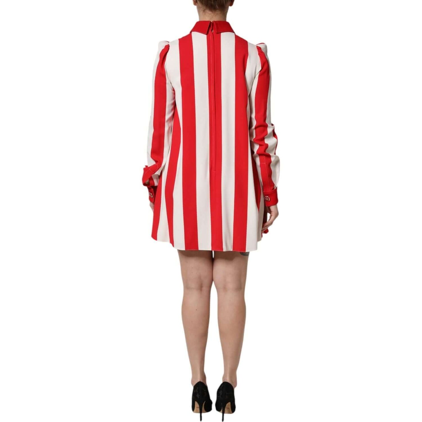Dolce & Gabbana long sleeve mini dress with red and white stripes, collared neckline, shown from the back.