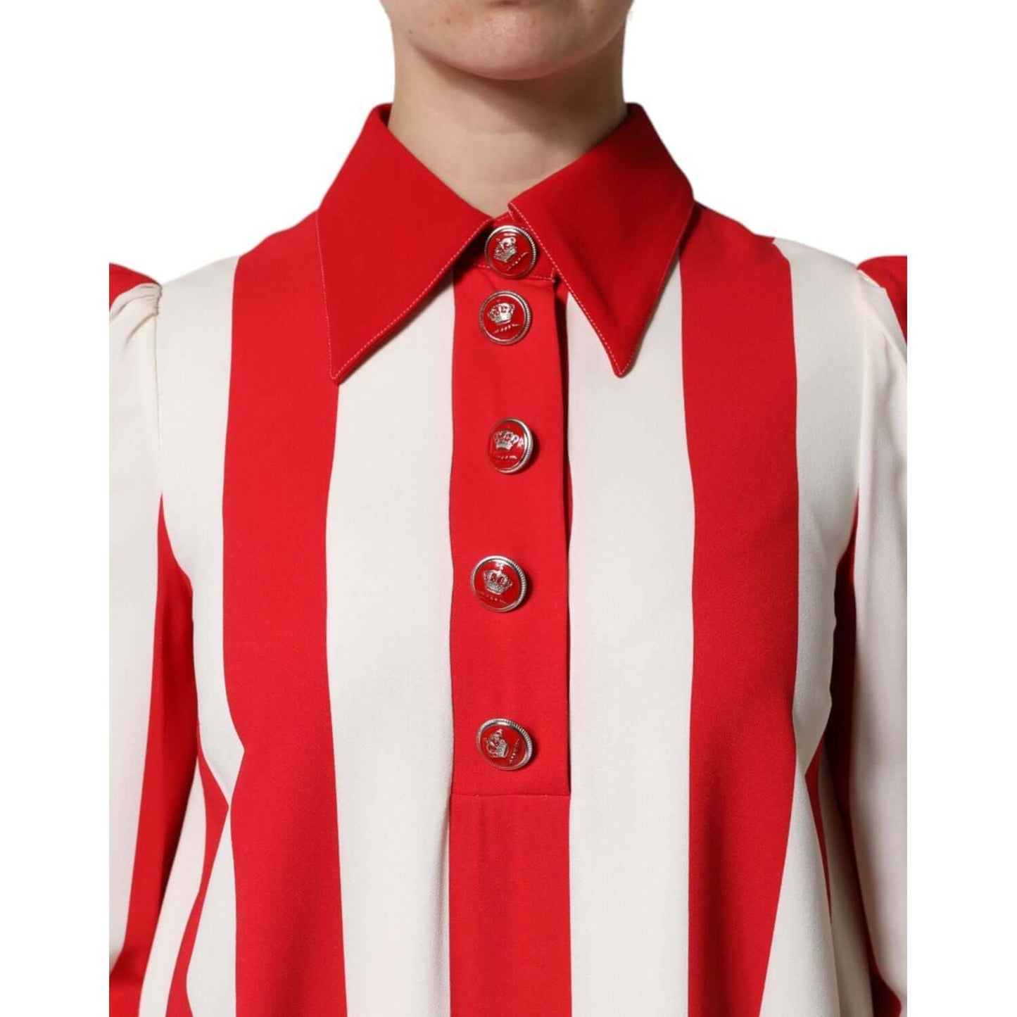 Dolce & Gabbana white mini dress with red stripes, long sleeves, and collared neckline, featuring button details on the front.