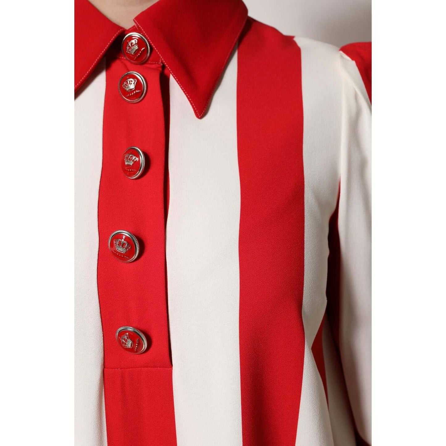 Dolce & Gabbana white and red striped long sleeve mini dress with buttons and collared neckline, made in Italy.