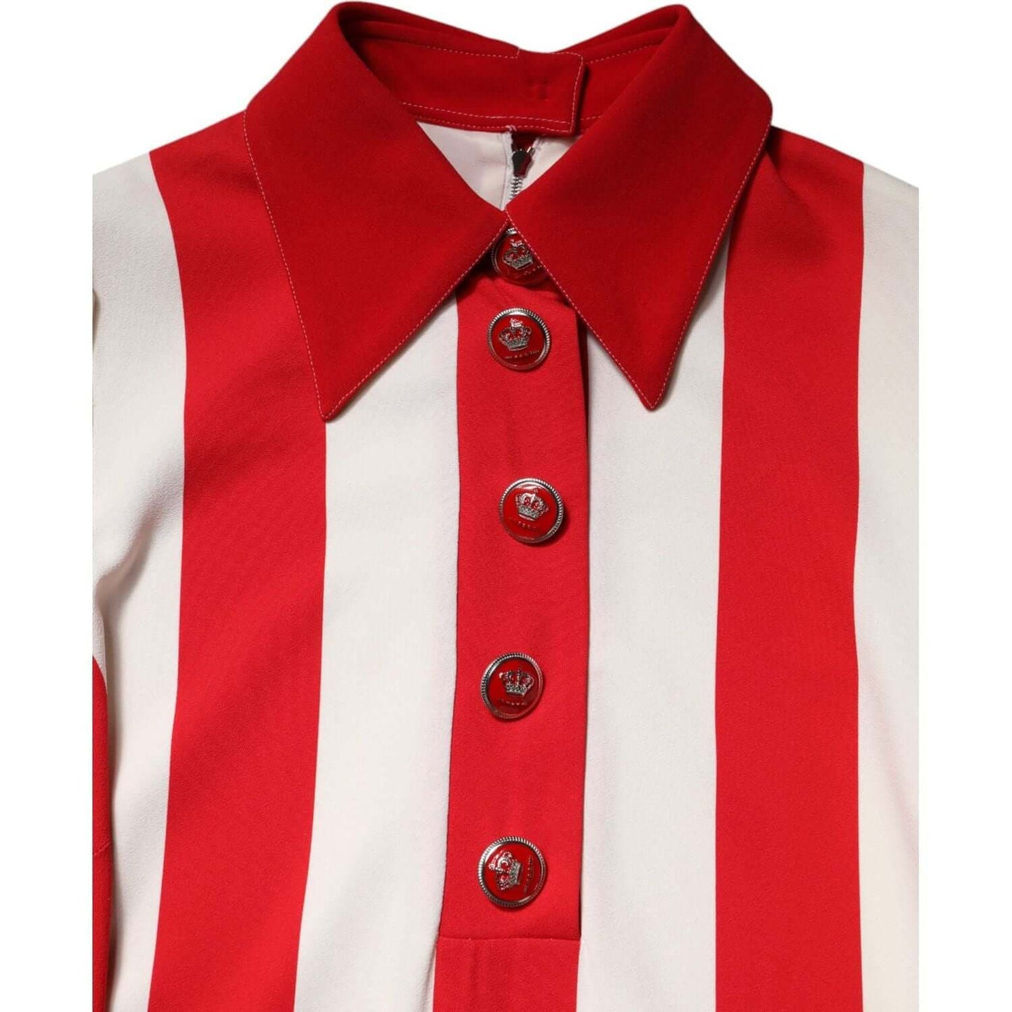Dolce & Gabbana white and red striped mini dress with long sleeves and collared neckline, featuring button details, made in Italy.