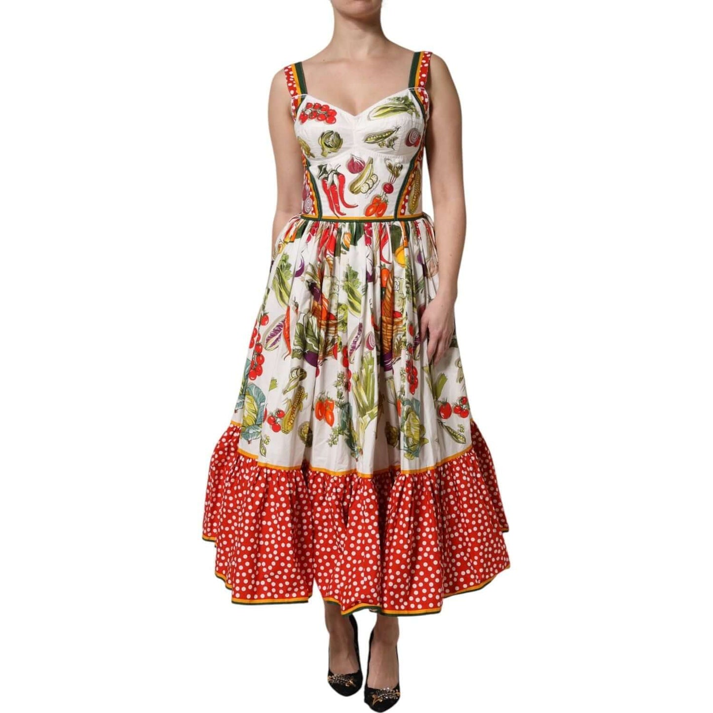 White Dolce & Gabbana sleeveless A-line dress with vegetable print and red polka dot hem, made from 100% cotton.