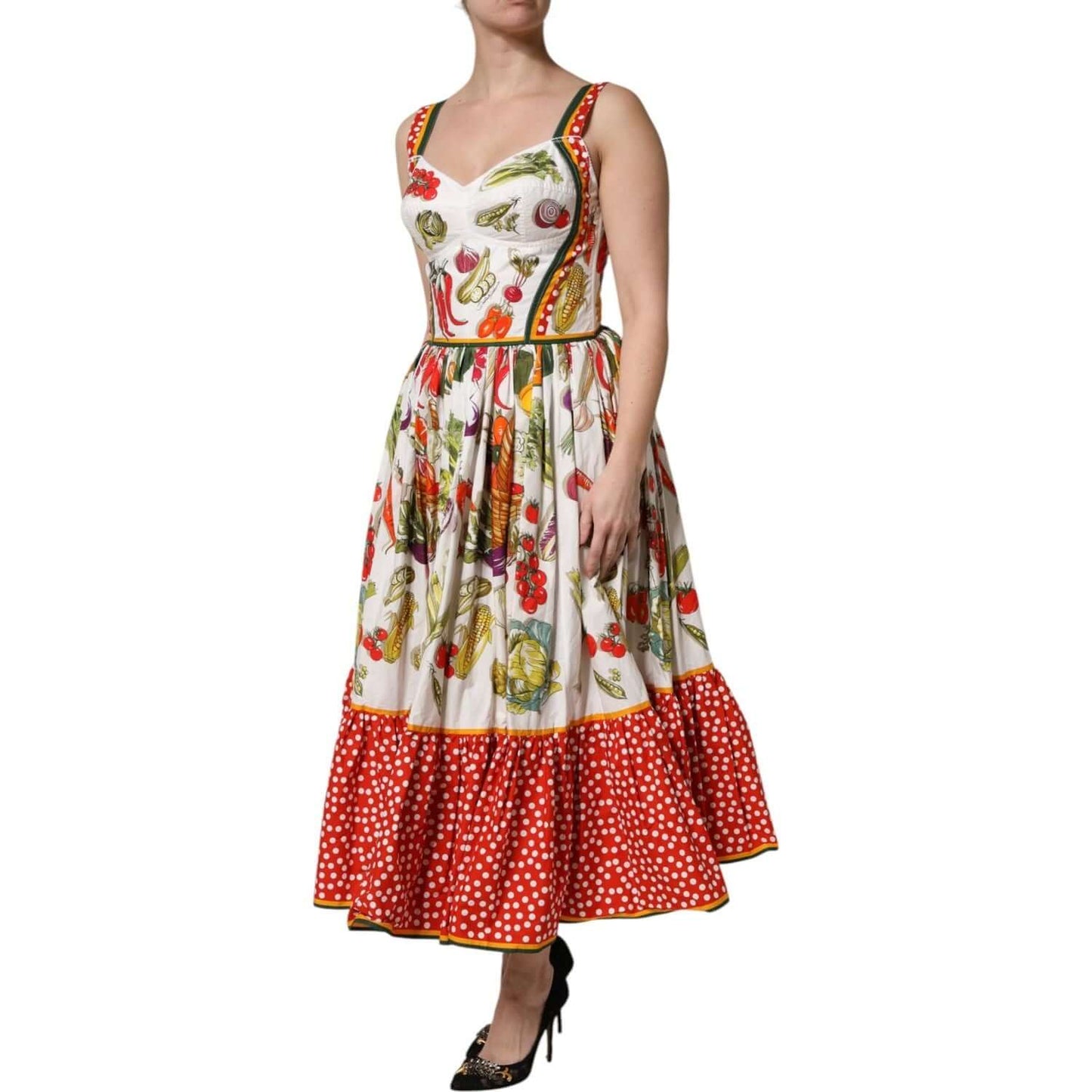 Dolce & Gabbana white sleeveless A-line dress with vegetable print, red polka dot trim, zipper closure, made in Italy.