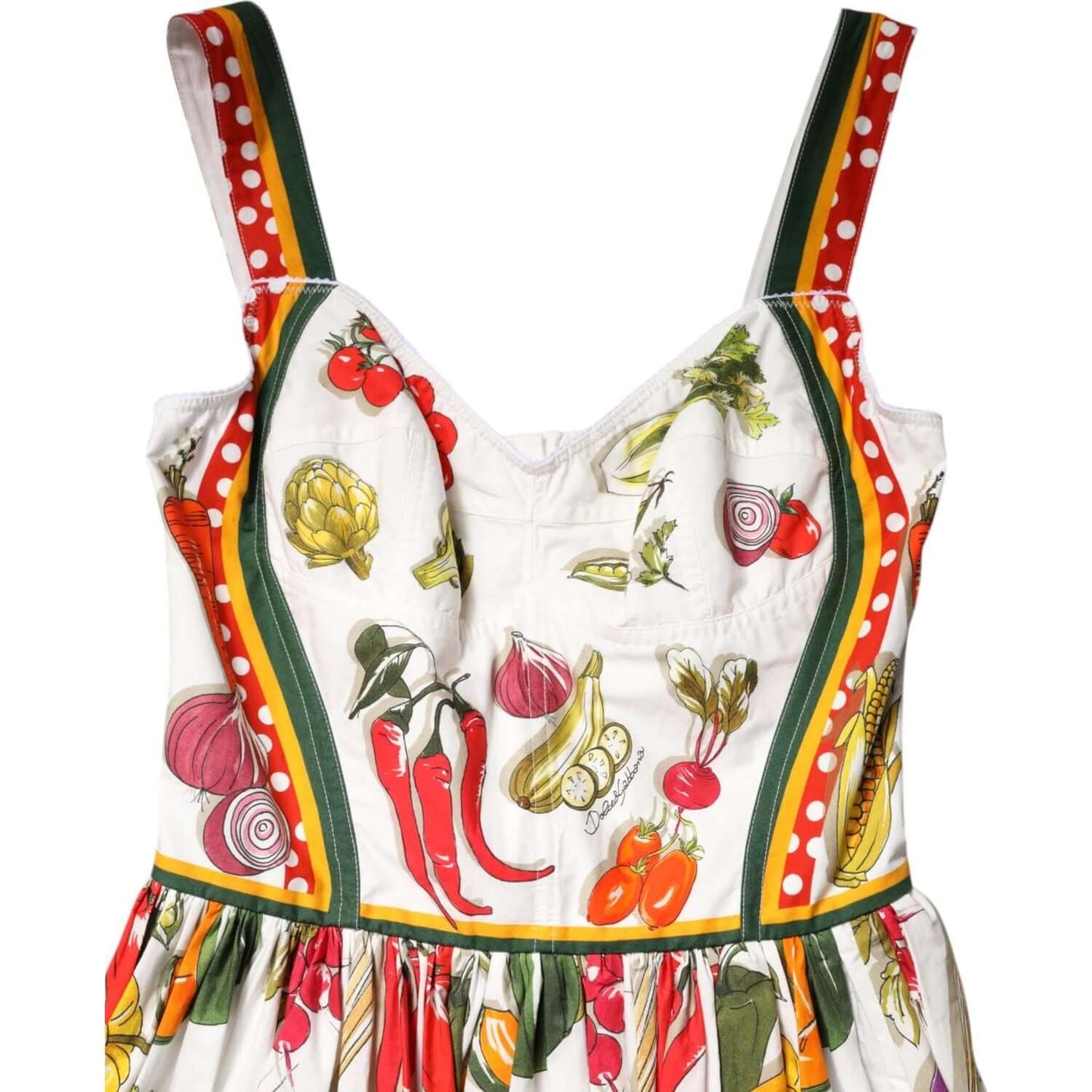 Dolce & Gabbana sleeveless A-line dress with vegetable print, white cotton, Italian craftsmanship, exclusive fashion item.