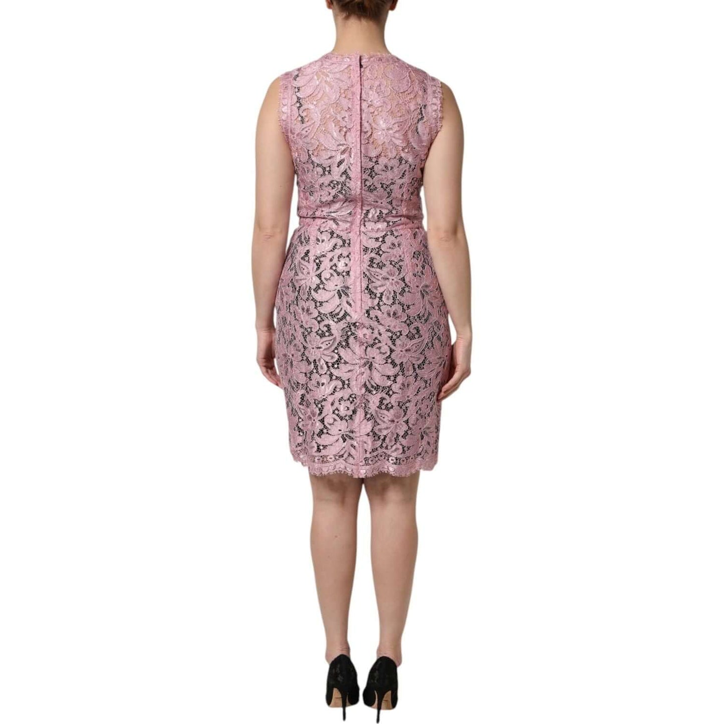 Back view of Dolce & Gabbana pink floral lace sleeveless sheath dress, showcasing intricate design and high craftsmanship.