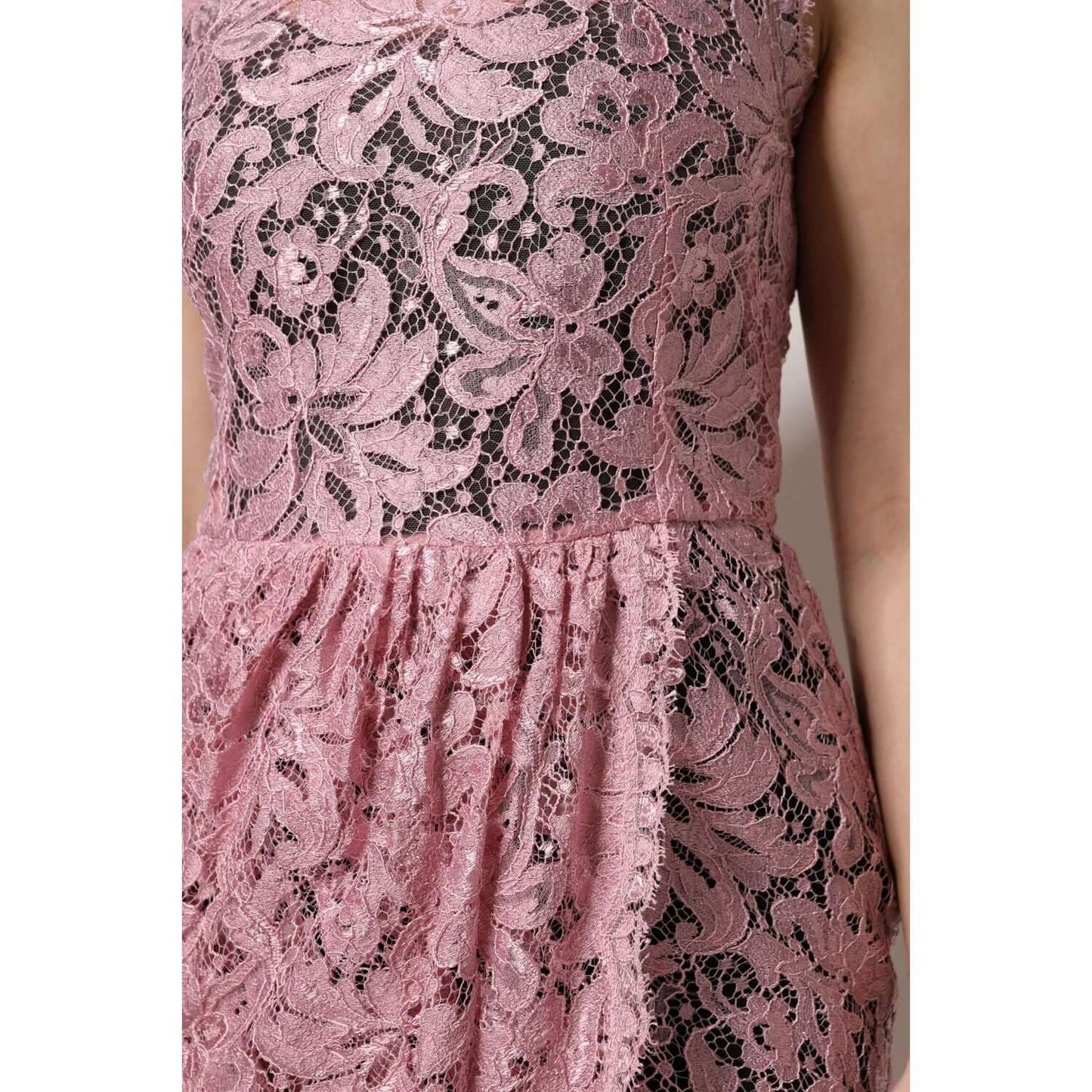 Dolce & Gabbana pink floral lace sleeveless mini dress details, high-quality craftsmanship and logo detail, made in Italy.
