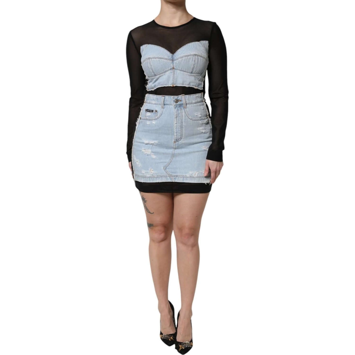Dolce & Gabbana black and blue denim mini dress with long sleeves, zipper closure, logo details, and high craftsmanship.