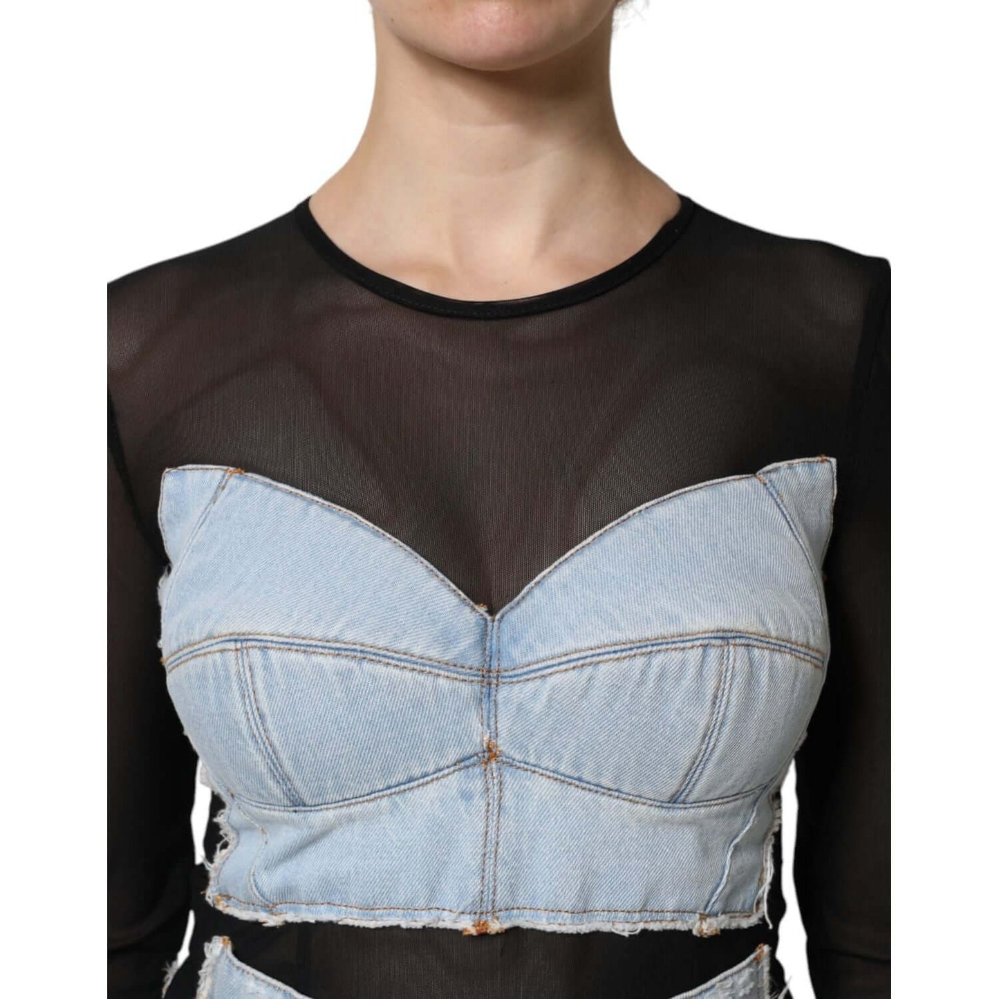 Dolce & Gabbana black and blue mesh denim mini dress with long sleeves, front view showcasing detailed stitching and luxury design.