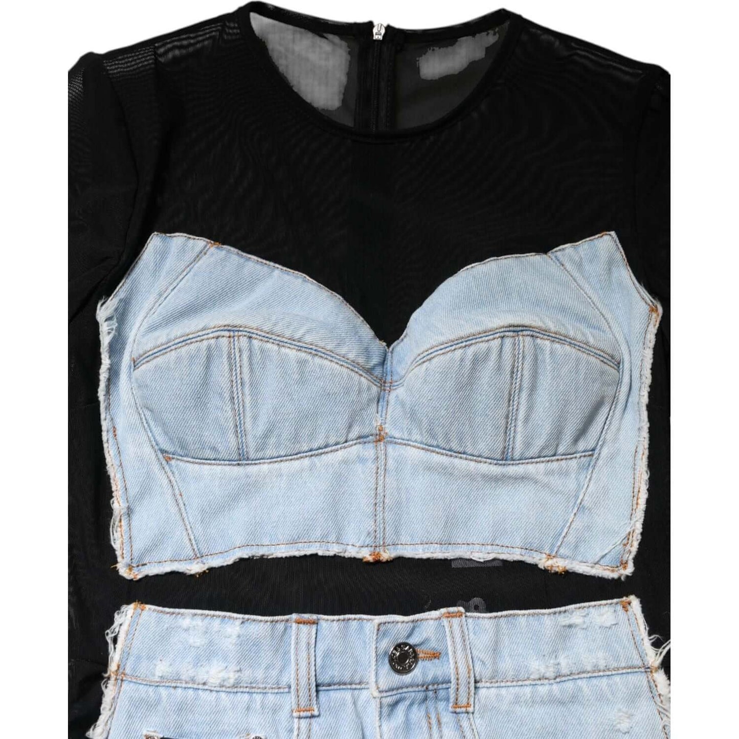 Dolce & Gabbana black and blue denim mini dress with long sleeves and zipper closure, featuring logo details and crafted in Italy.