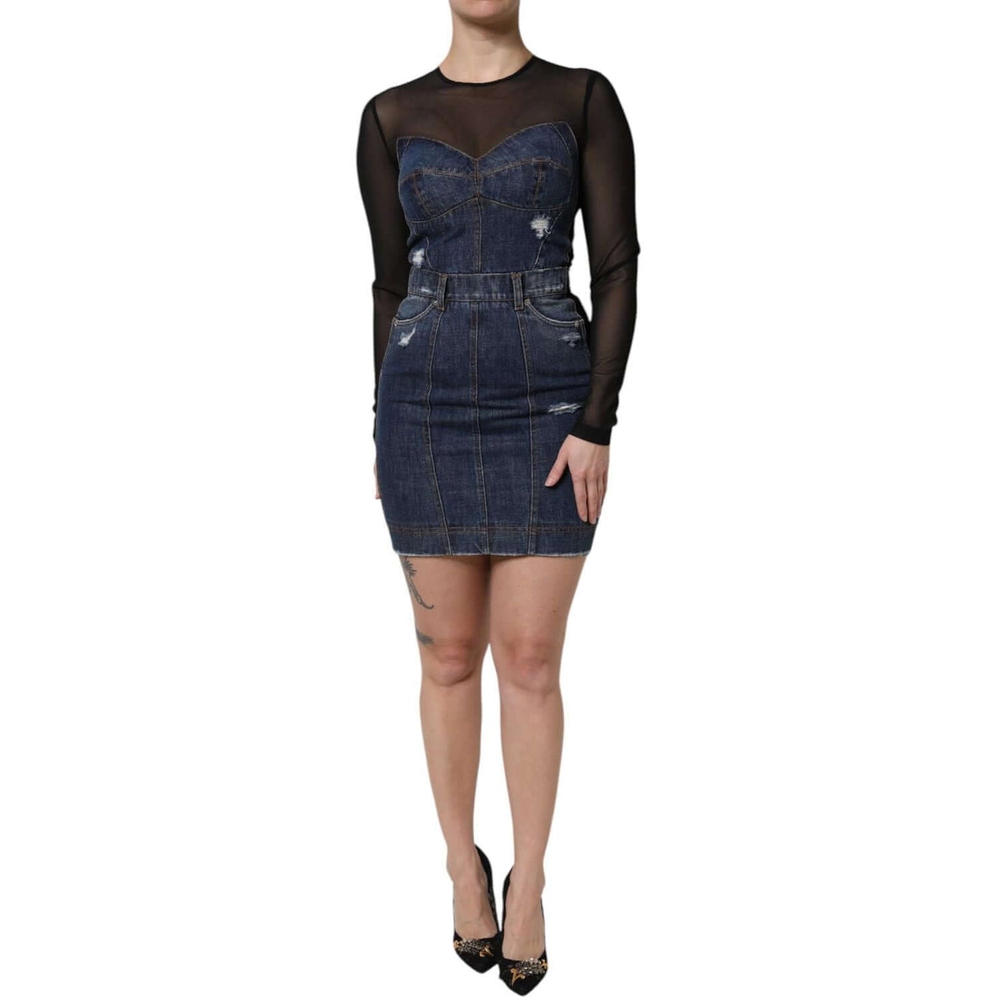 Dolce & Gabbana black blue denim mini dress, sheer long sleeves, zipper closure, 60% cotton, logo details, luxury fashion, Italy