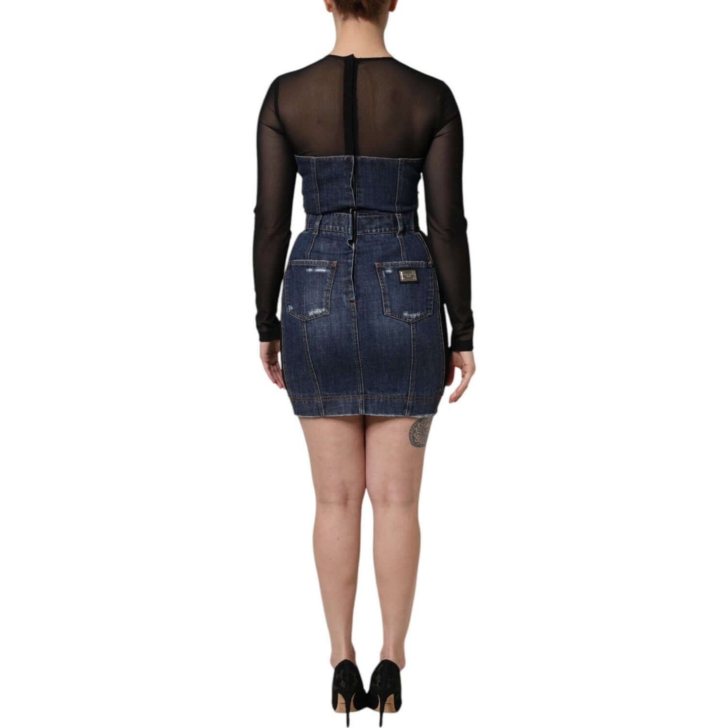 Back view of Dolce & Gabbana blue black long sleeves denim mini sheath dress, featuring zipper closure and logo details.
