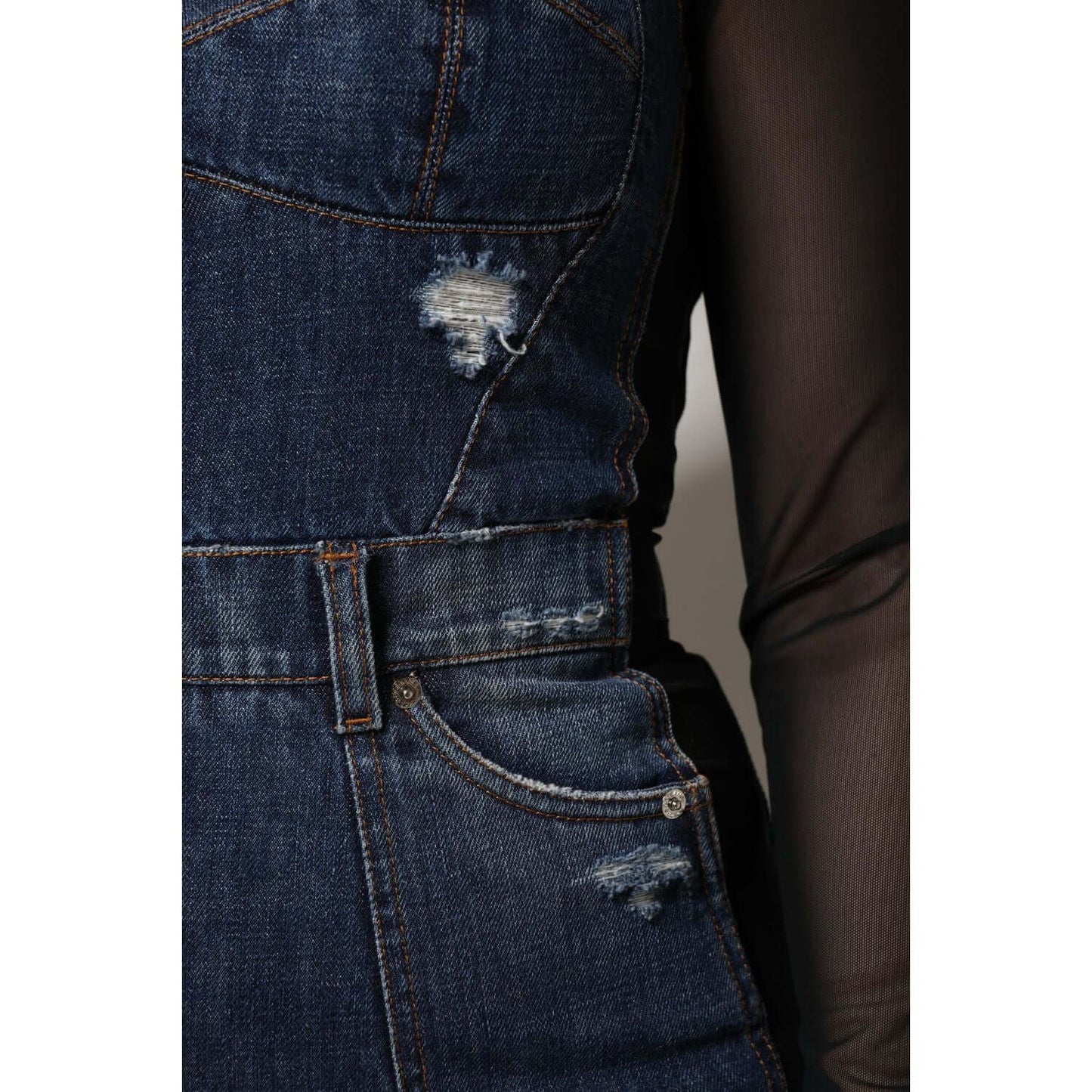 Dolce & Gabbana black blue denim mini dress with distressed details and sheer long sleeves.