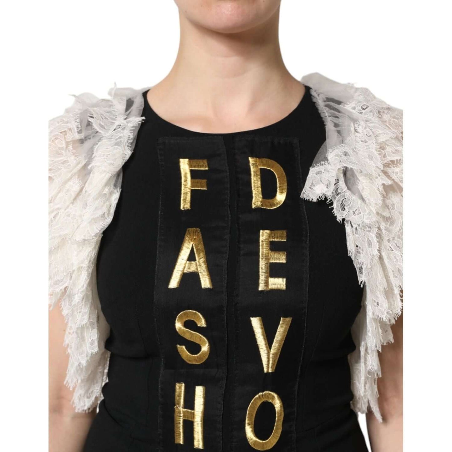 Dolce & Gabbana black mini dress with gold embellished lettering and white lace detailing, made of viscose and other premium materials.