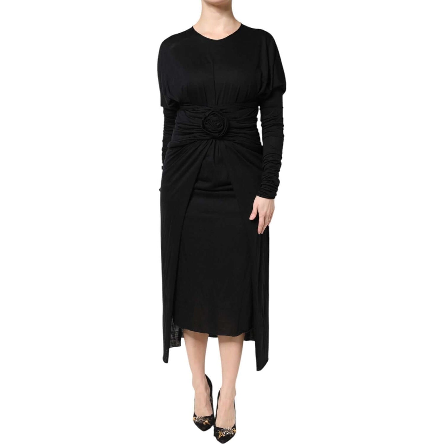Dolce & Gabbana black wool long sleeve sheath midi dress, featuring high craftsmanship and exclusive design, made in Italy.