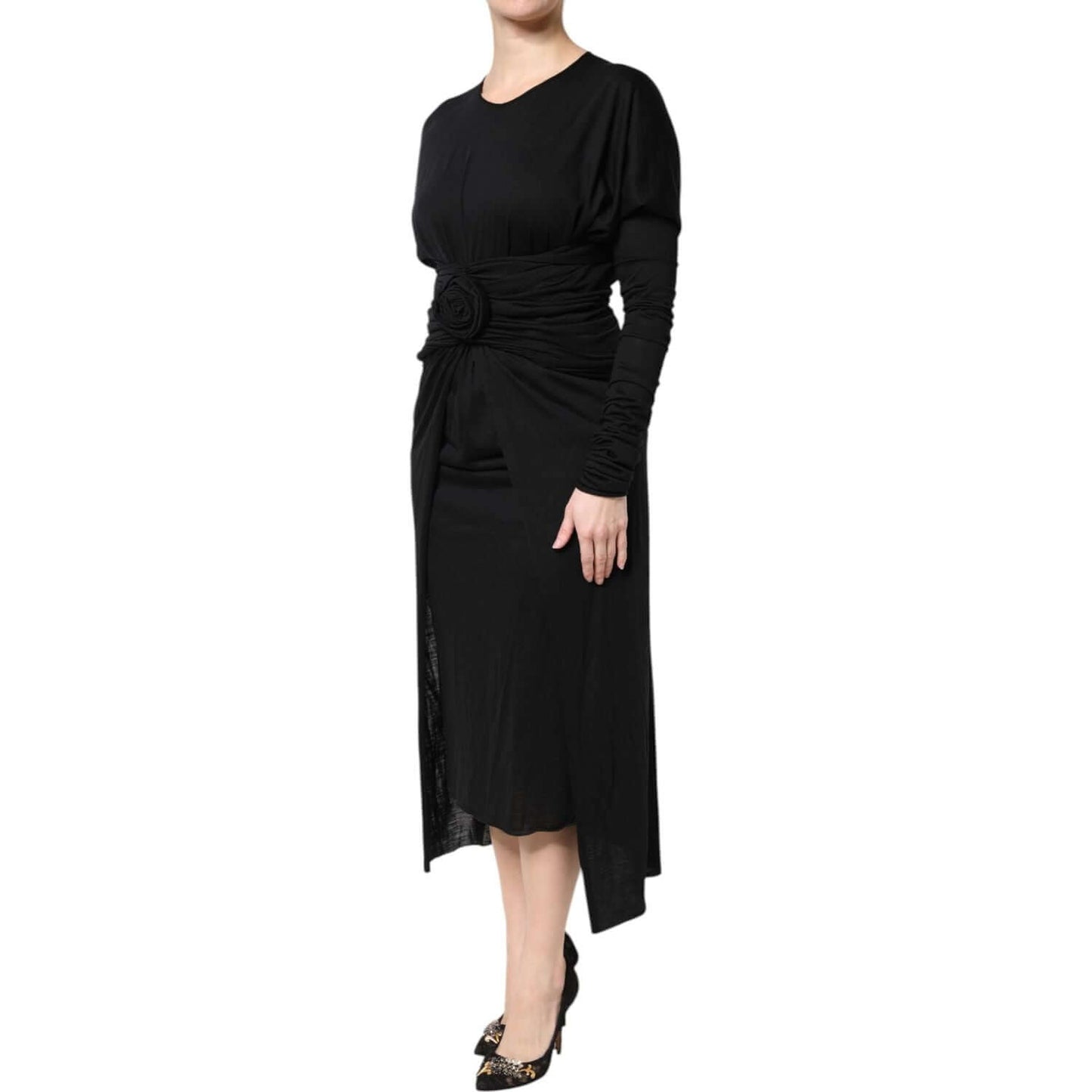 Dolce & Gabbana black wool sheath midi dress with long sleeves, elegant Italian craftsmanship