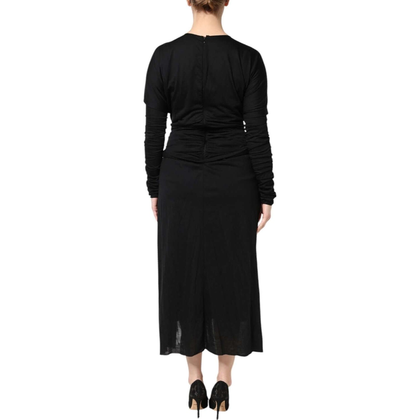 Back view of Dolce & Gabbana Black Wool Long Sleeves Sheath Midi Dress featuring exquisite Italian craftsmanship.