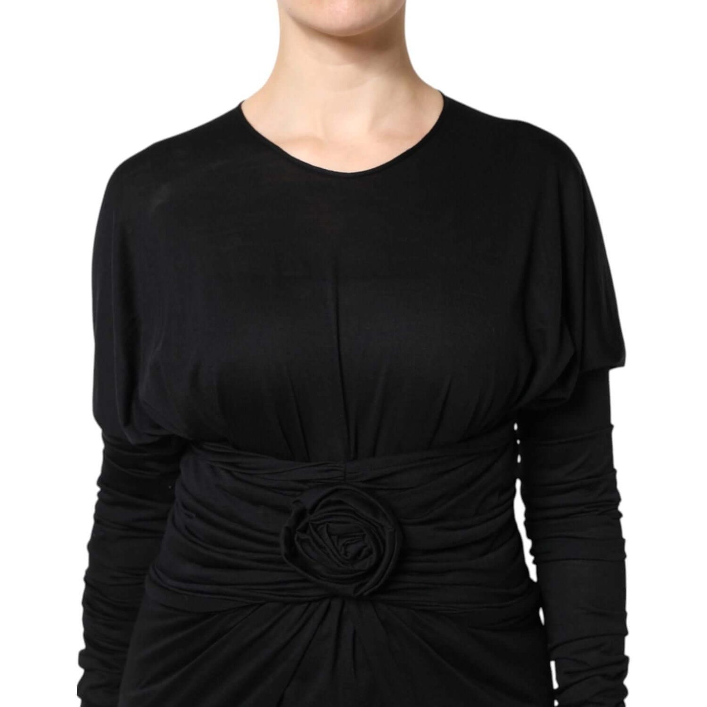 Dolce & Gabbana black wool long sleeves sheath midi dress with floral waist detail, made in Italy, luxury craftsmanship.