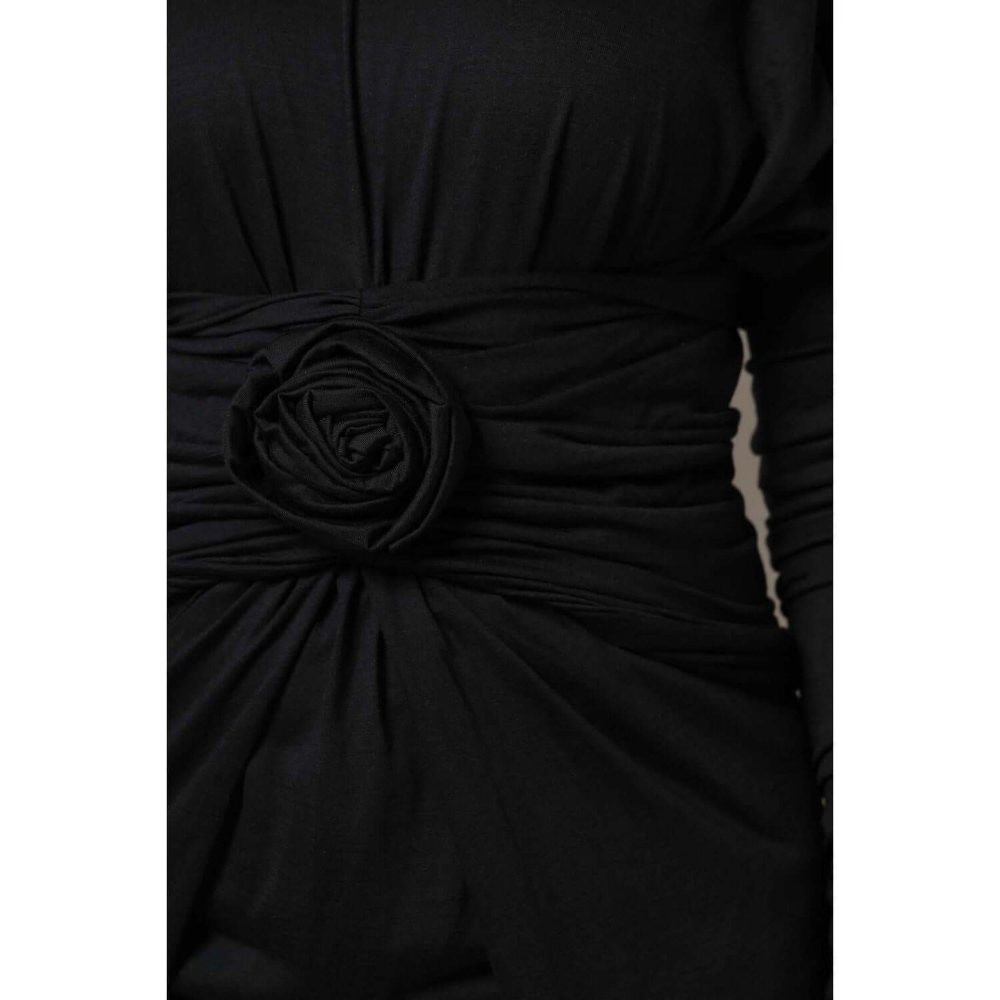 Dolce & Gabbana black wool sheath midi dress with long sleeves and floral detail, luxury Italian fashion
