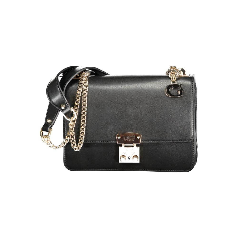 Guess Jeans black polyethylene handbag with chain shoulder strap, external pocket, compartments, and snap closure.